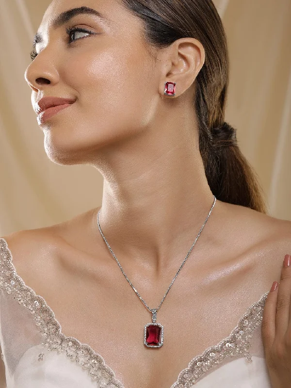 Rhodium-Plated Ruby & CZ Studded Pendant Necklace Set