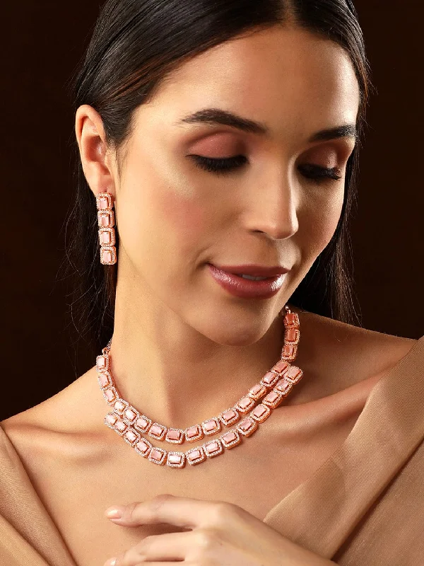 Rubans Rose Gold Pink Gemstone Studded Elegant Necklace Set