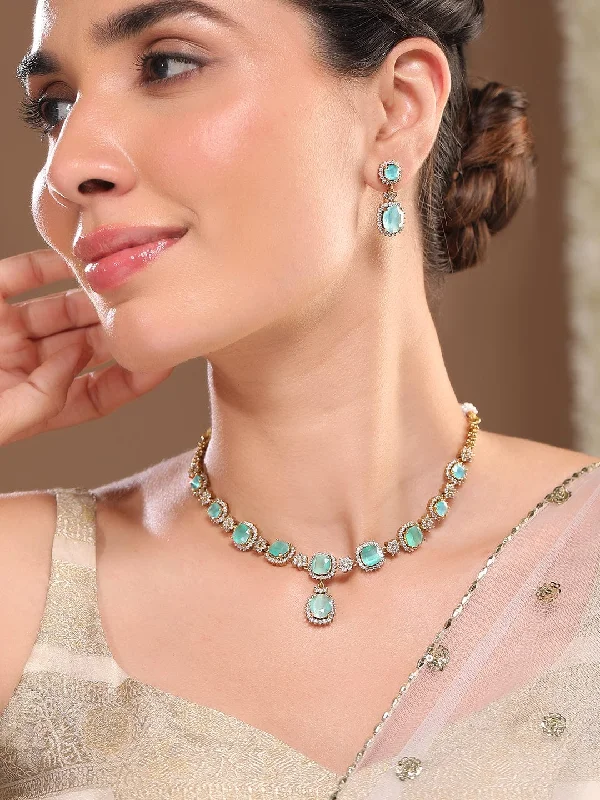 Rubans 22K Gold-Plated Aqua Green Stone & Cubic Zirconia Studded Necklace Set with Earrings