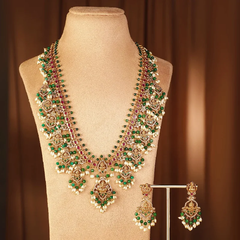 Rubans 24K Gold-Plated Divine Lakshmi Temple Necklace Set with Green Stones, Pearls & Beads