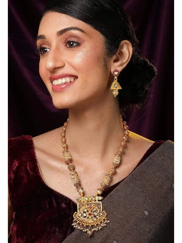 Rubans 24K Gold Plated Handcrafted White Kundan & Antique Gold Filigree Beads Necklace Set