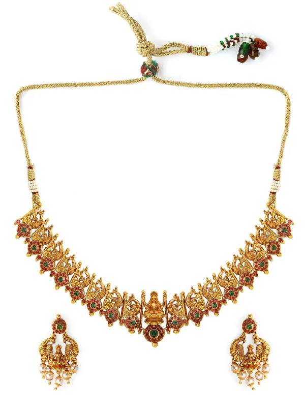 Rubans Gold Plated Color Stone Temple Necklace Set