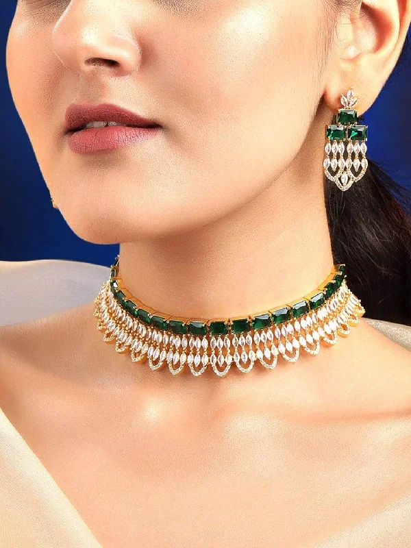 Rubans Gold Plated Green & White Stone Studded American Diamond Necklace Set.