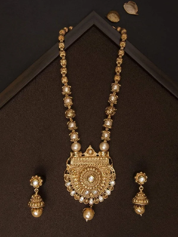 Rubans Gold Plated Traditional Handcrafted Filigree With Pearl And Rhinestone Necklace Set With Maang Tikka