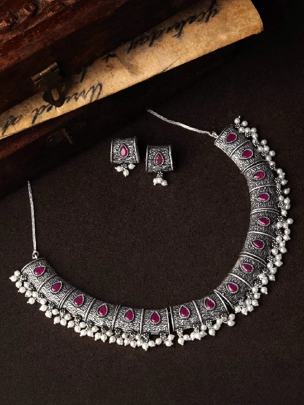 Rubans Silver Toned Handcrafted Oxidised Statement Necklace Set