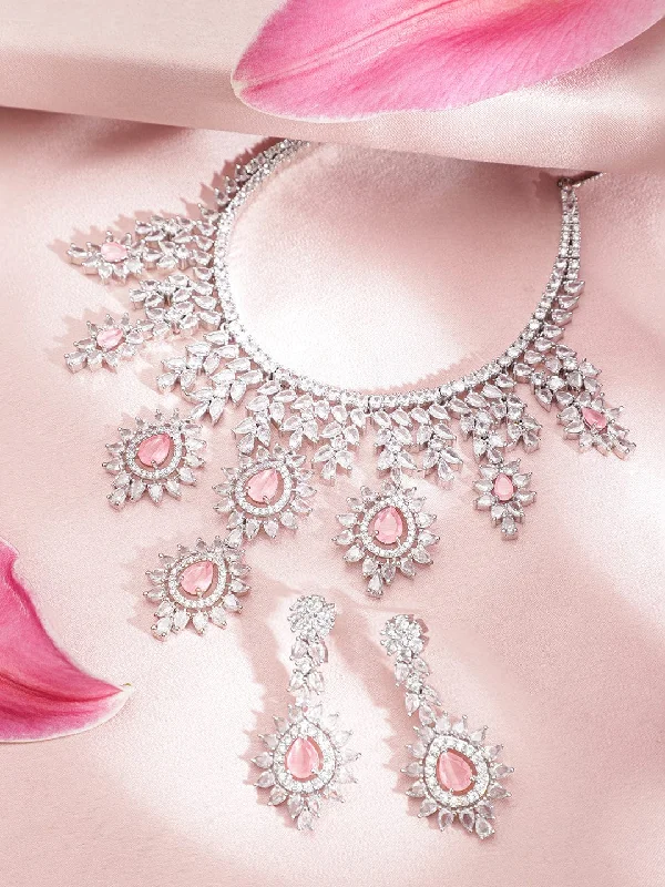 Rubans Silver Plated Handcrafted Pink AD Stone Studded Necklace Set.