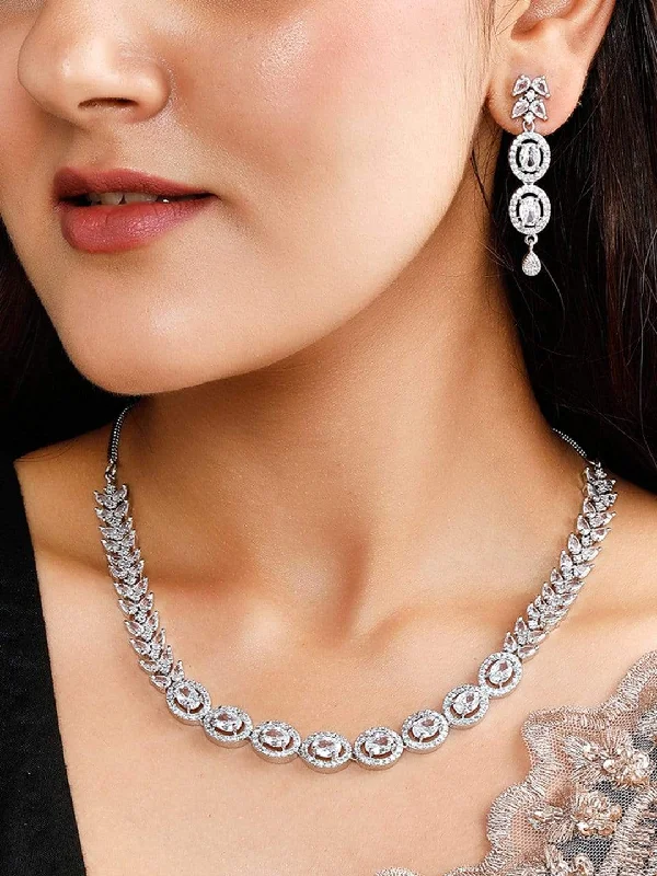 Rubans Silver Plated Zirconia Stone Studded Handcrafted Necklace Set