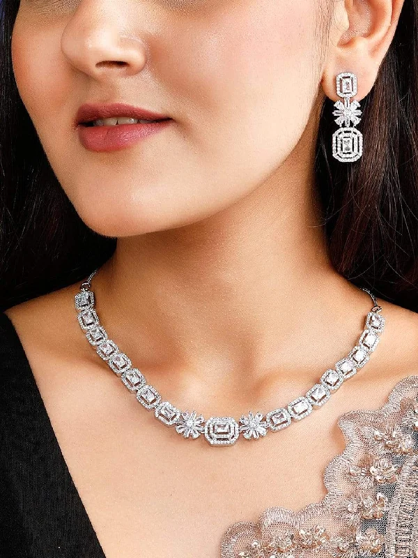 Rubans Silver Plated Zirconia Stone Studded Handcrafted Necklace Set.