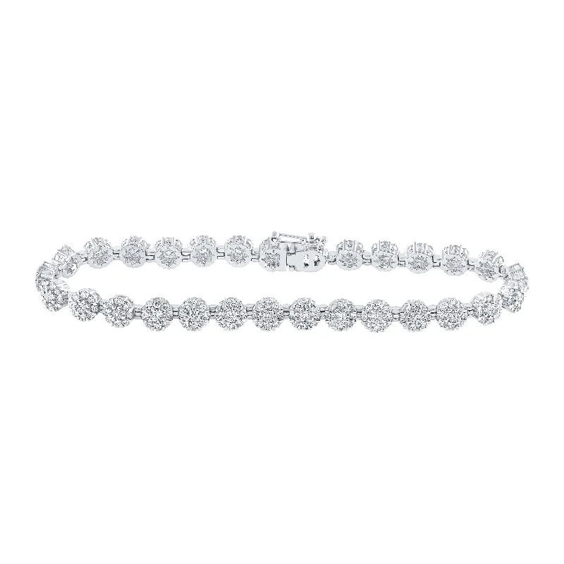 10kt White Gold Womens Round Diamond Flower Cluster Link Bracelet 3-7/8 Cttw