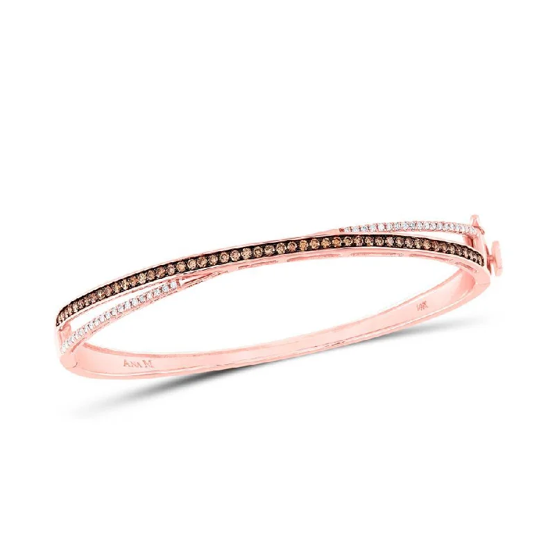 14kt Rose Gold Womens Round Brown Diamond Crossover Bangle Bracelet 1 Cttw