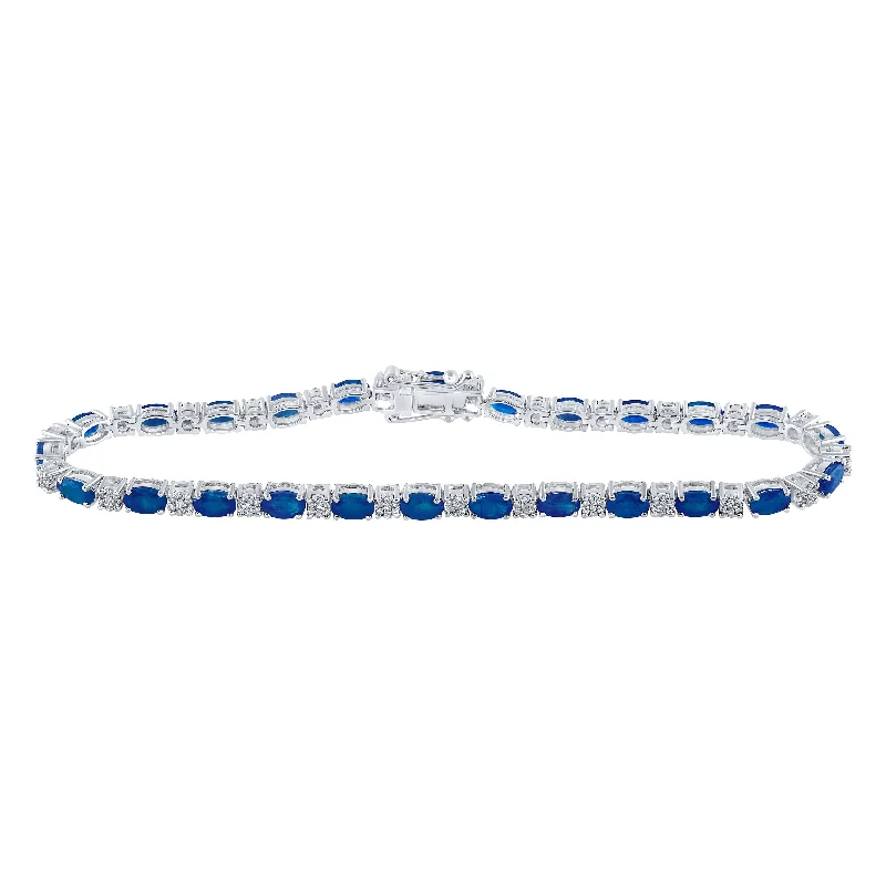 14kt White Gold Womens Oval Blue Sapphire Diamond Fashion Bracelet 7-3/8 Cttw