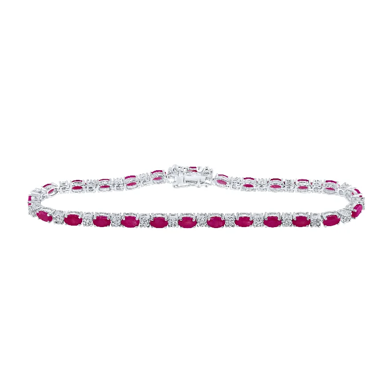 14kt White Gold Womens Oval Ruby Diamond Fashion Bracelet 7 Cttw