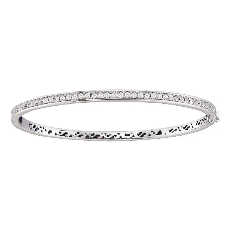 14kt White Gold Womens Round Diamond Classic Single Row Bangle Bracelet 1 Cttw