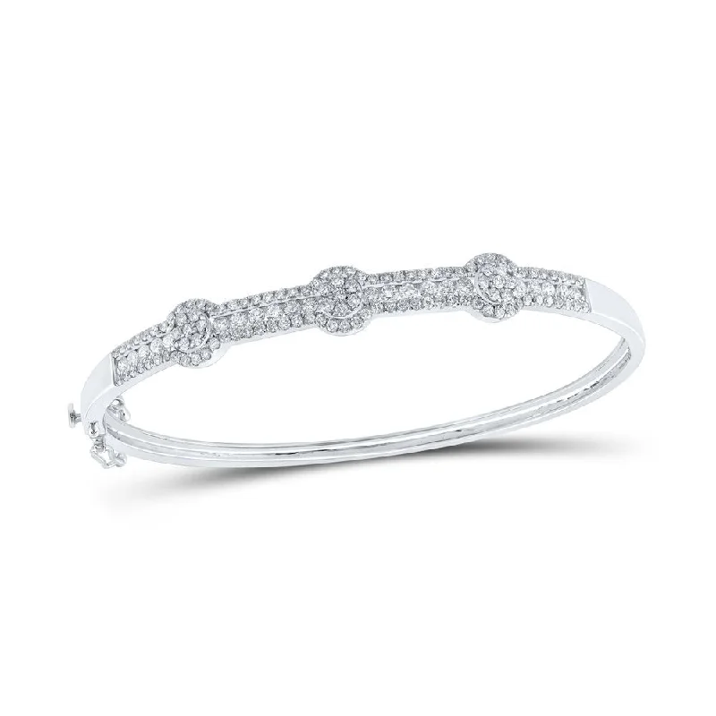 14kt White Gold Womens Round Diamond Flower Cluster Bangle Bracelet 1-3/4 Cttw