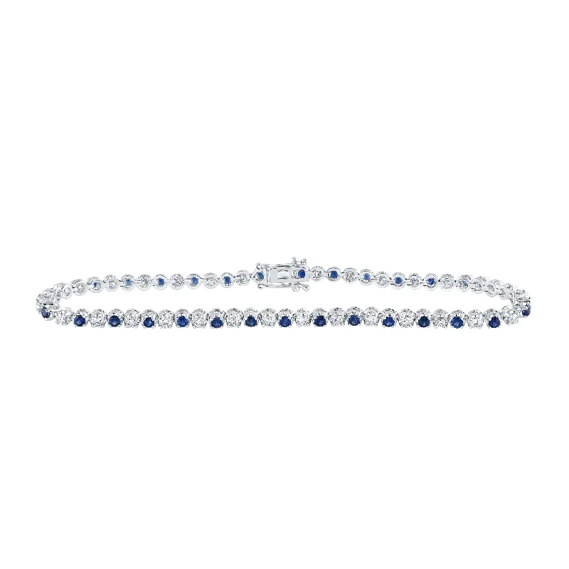 14kt White Gold Womens Round Bule Sapphire Diamond Tennis Bracelet 2-1/3 Cttw