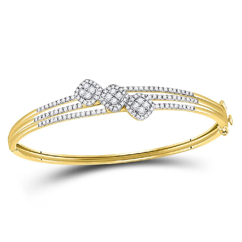 14kt Yellow Gold Womens Round Diamond Triple Cluster Bangle Bracelet 1-1/4 Cttw