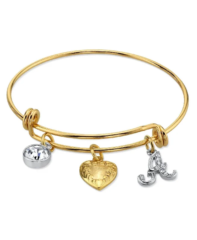 1928 Jewelry Gold Heart Initial Crystal Charm Bangle Bracelet, 2.5"