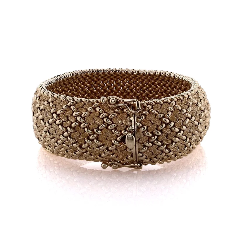 Estate 14 Karat Yellow Gold Soft Domed Woven Florentine Polished Bead Design Bangle Bracelet