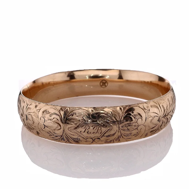 Estate 14k Yellow Gold Engraved Paisley Design Hinged Bangle Bracelet