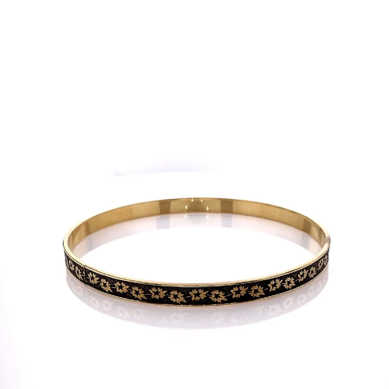 Estate 14k Yellow Gold with Leaf Design Antiqued Bangle Slip On Bracelet