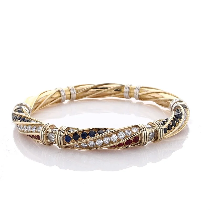 Estate 18k Two Tone Sapphires Rubies and Diamonds Bangle Bracelet